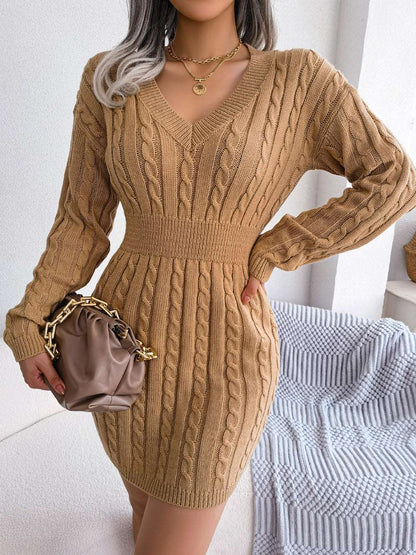 Cable-Knit V-Neck Mini Sweater Dress - Brinxx Couture