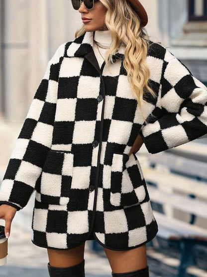 Checkered Button Front Coat with Pockets - Brinxx Couture