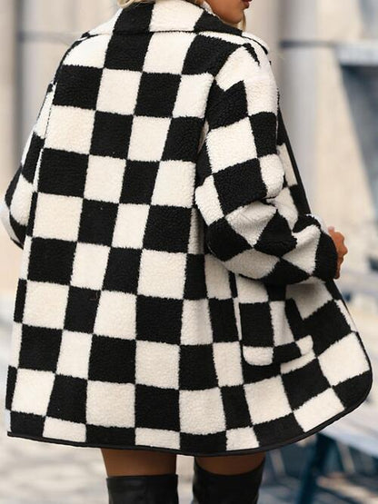 Checkered Button Front Coat with Pockets - Brinxx Couture