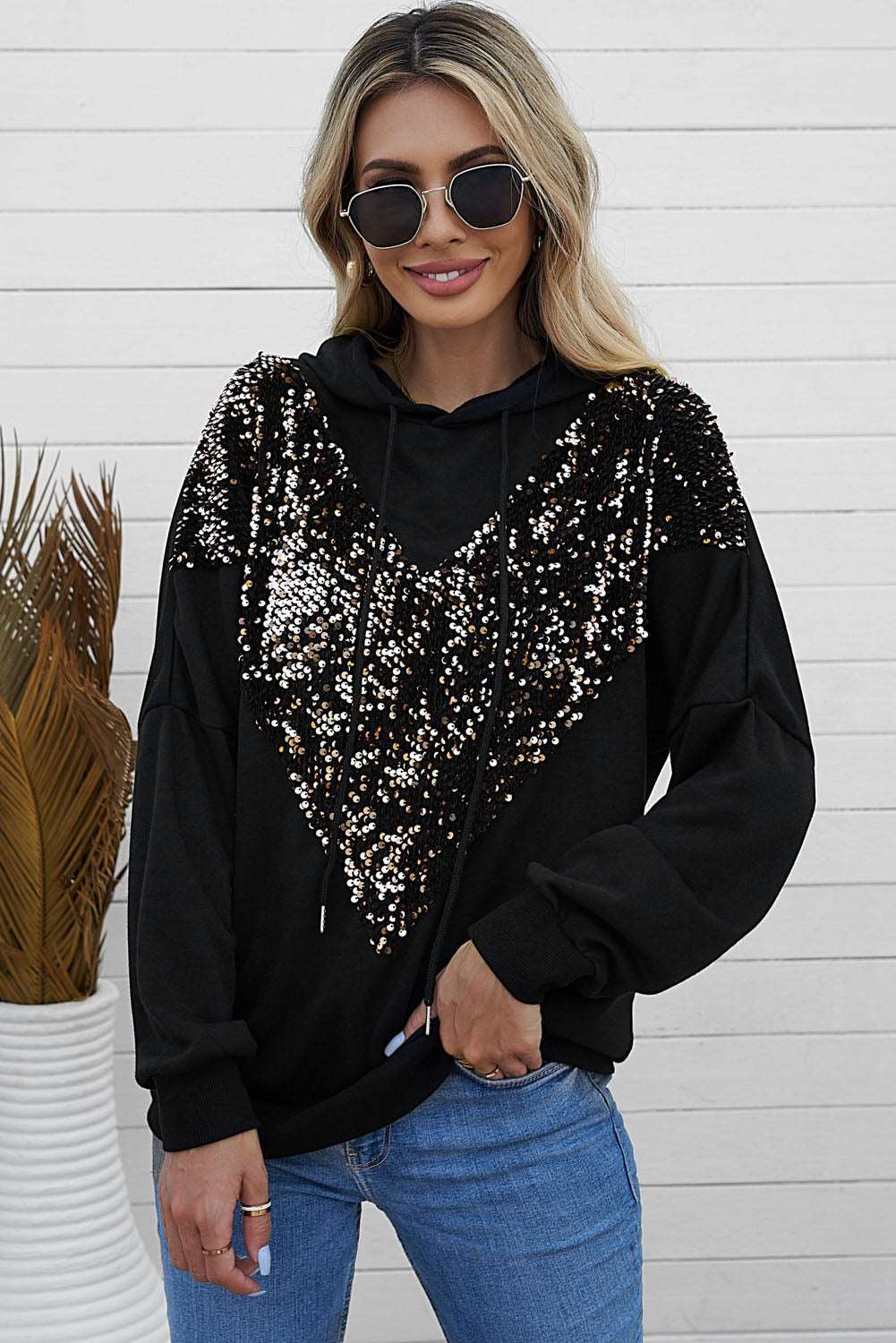 Chevron Sequin Drawstring Hoodie - Brinxx Couture