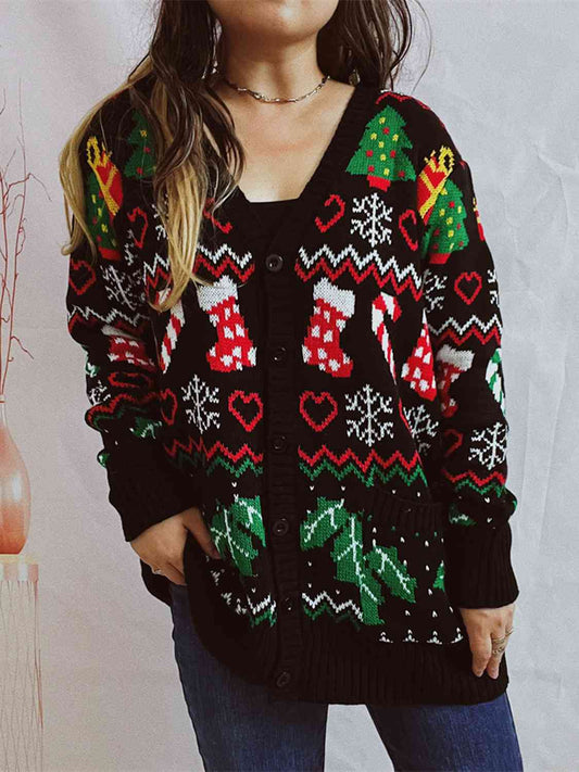 Christmas Print Cardigan with Pockets - Brinxx Couture