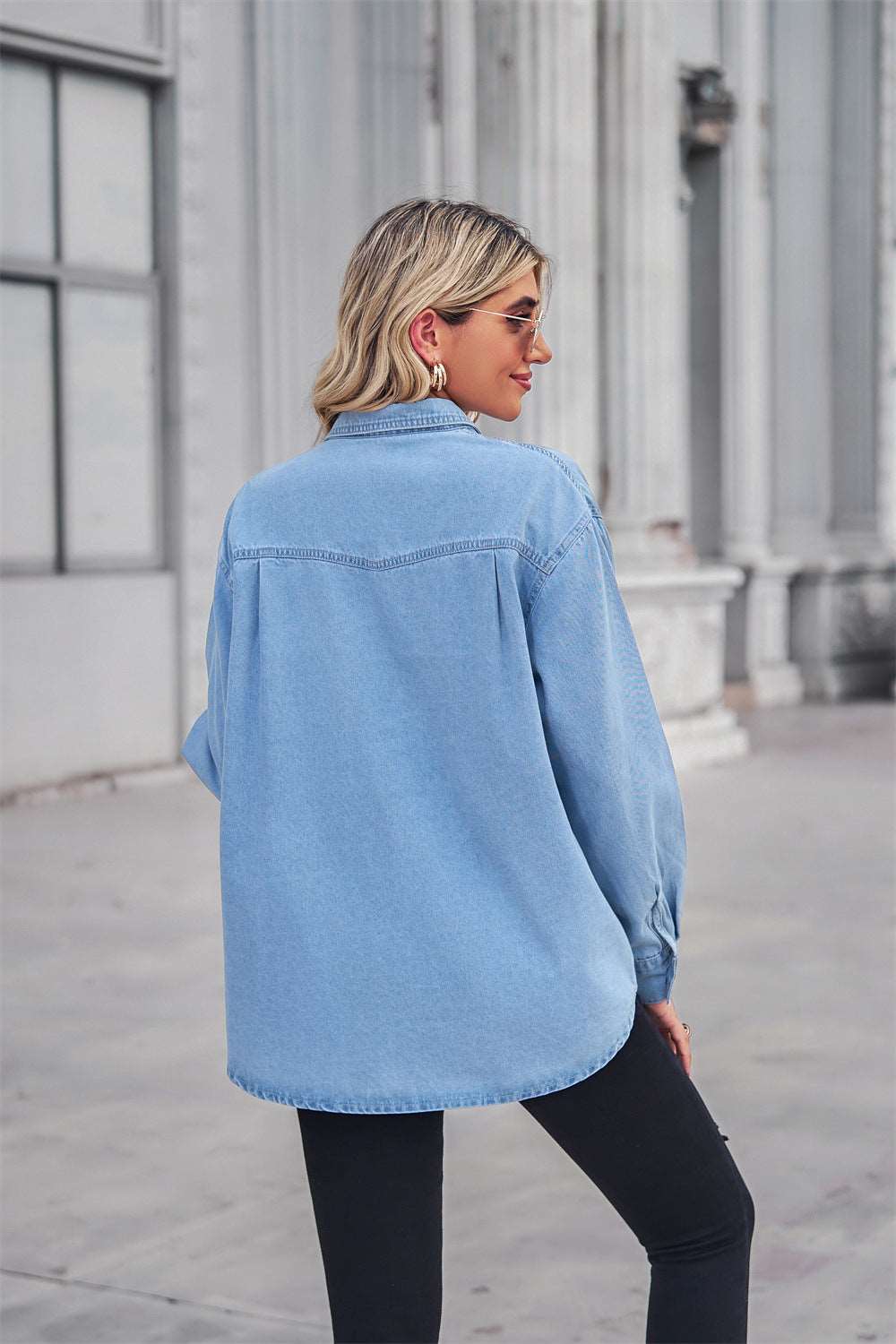 A stylish Collared Neck Dropped Shoulder Denim Top for women. this piece adds a touch of elegance to your outfit - Brinxx Couture