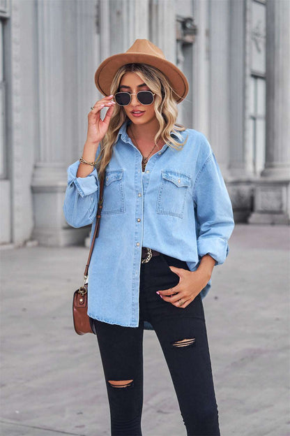 A stylish Collared Neck Dropped Shoulder Denim Top for women. this piece adds a touch of elegance to your outfit - Brinxx Couture