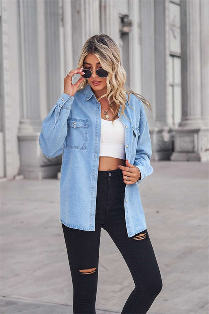 Collared Neck Dropped Shoulder Denim Top - Brinxx Couture