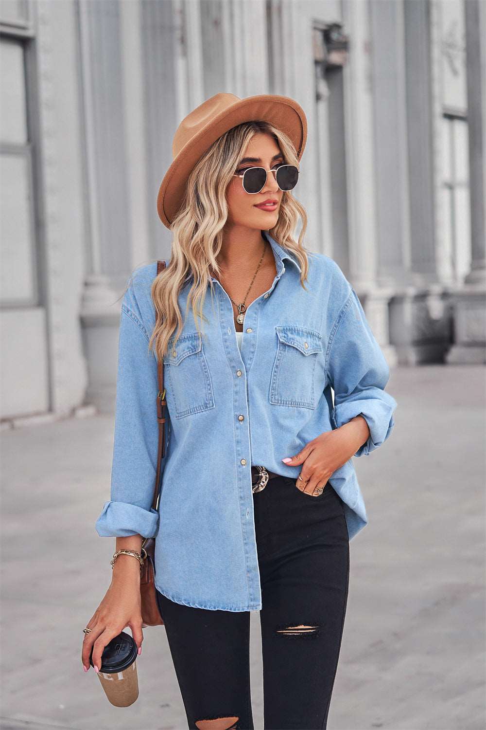 Collared Neck Dropped Shoulder Denim Top - Brinxx Couture