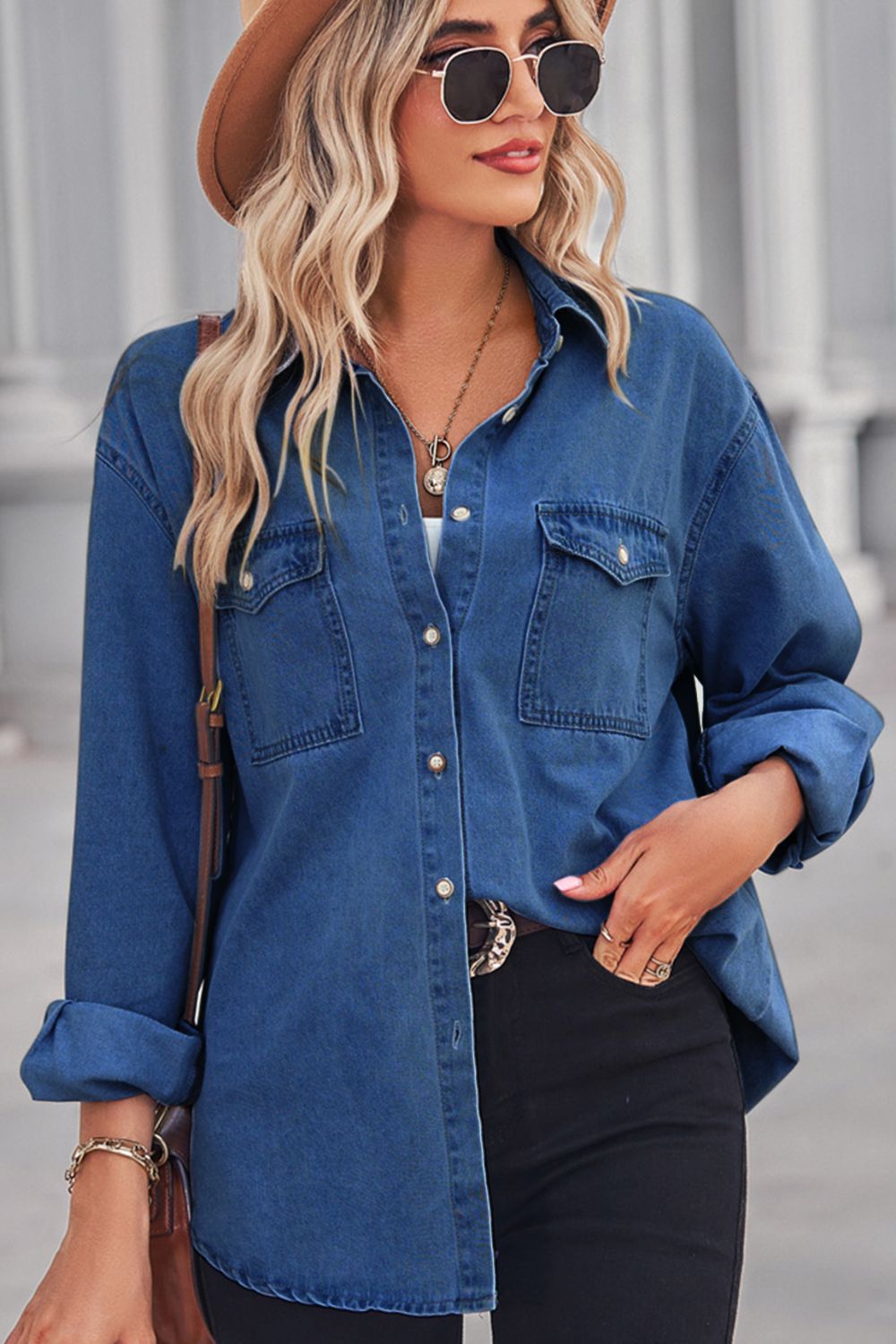 Collared Neck Dropped Shoulder Denim Top - Brinxx Couture