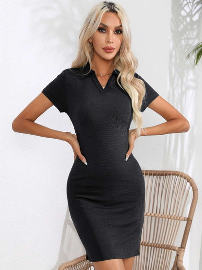 A stylish Collared Short Sleeve Bodycon Dress for women. this piece adds a touch of elegance to your outfit - Brinxx Couture