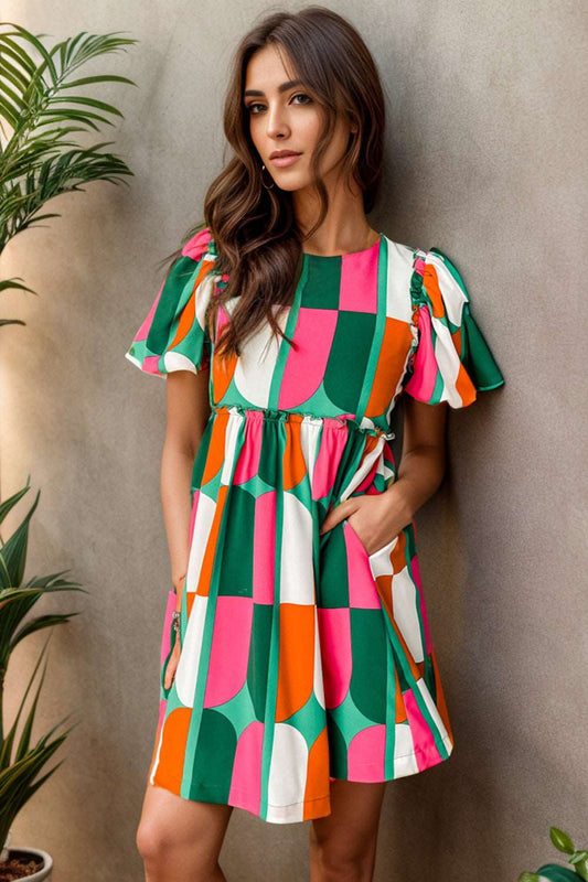 Color Block Round Neck Short Sleeve Dress - Brinxx Couture