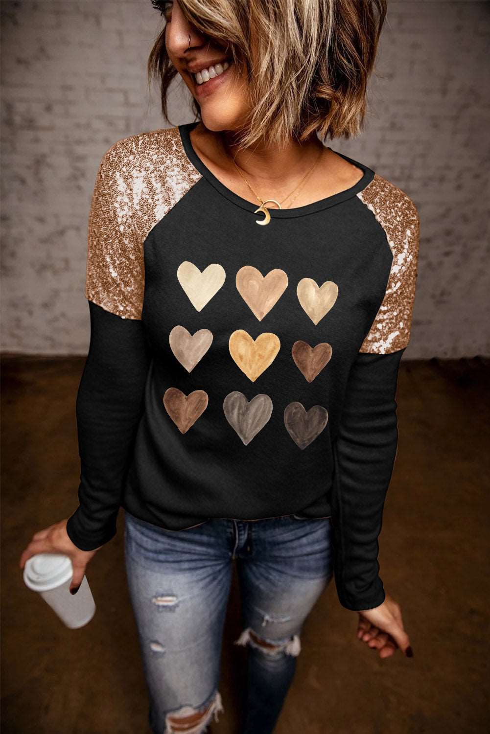 Contrast Sequin Heart Graphic Raglan Sleeve Top - Brinxx Couture