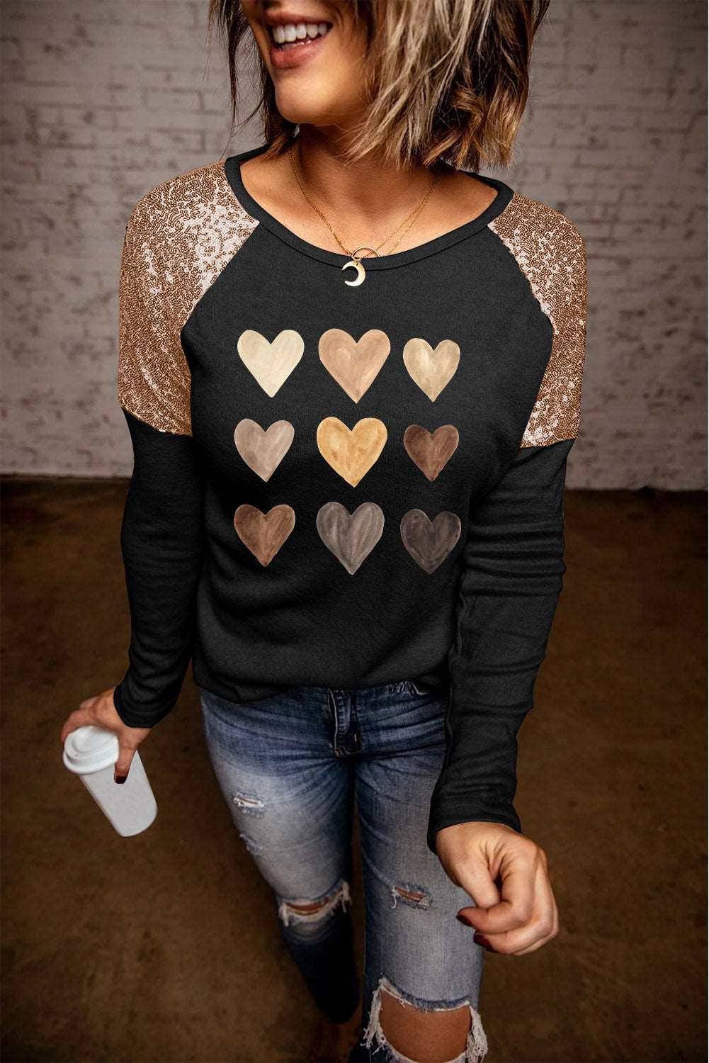 Contrast Sequin Heart Graphic Raglan Sleeve Top - Brinxx Couture