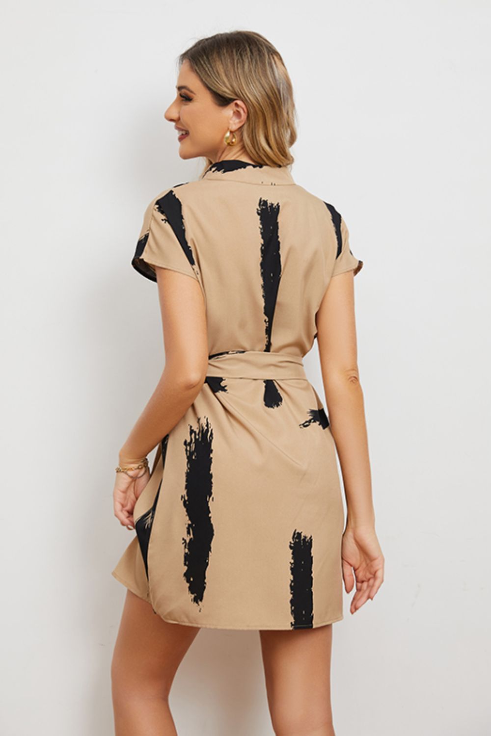 Contrast Tie Belt Notched Dress - Brinxx Couture