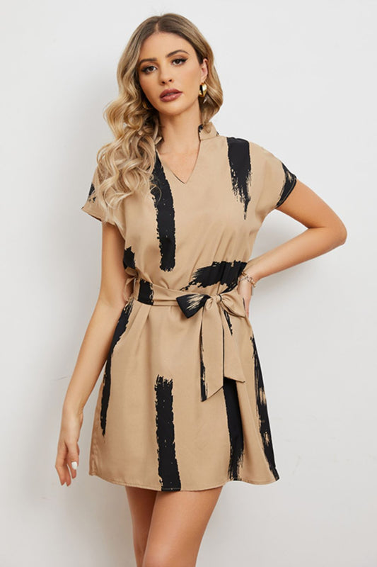 Contrast Tie Belt Notched Dress - Brinxx Couture