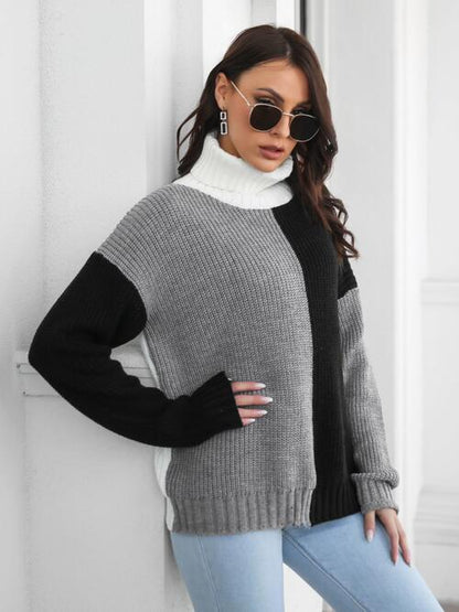 Contrast Turtleneck Long Sleeve Sweater - Brinxx Couture