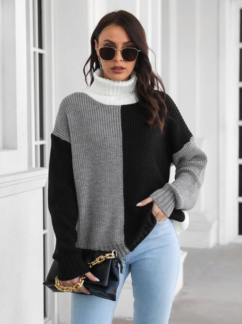 Contrast Turtleneck Long Sleeve Sweater - Brinxx Couture