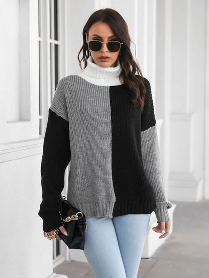 Contrast Turtleneck Long Sleeve Sweater - Brinxx Couture