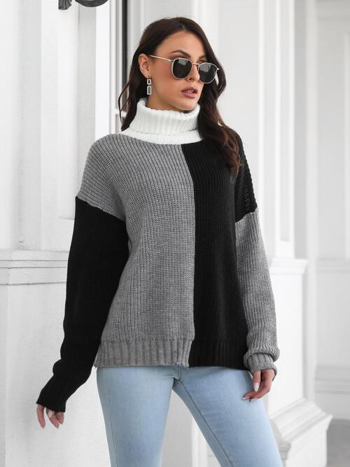 Contrast Turtleneck Long Sleeve Sweater - Brinxx Couture