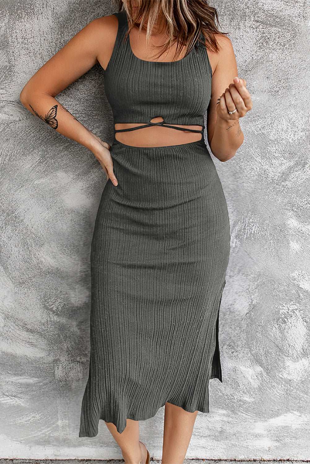 Crisscross Cutout Scoop Neck Slit Midi Dress - Brinxx Couture