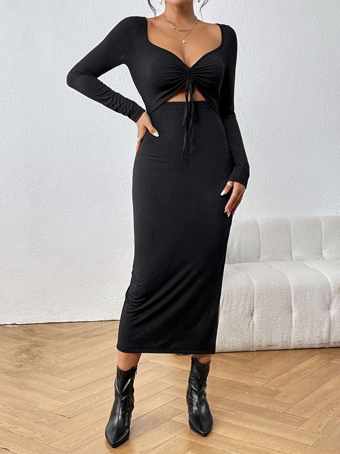 Cutout Drawstring Slit Dress - Brinxx Couture