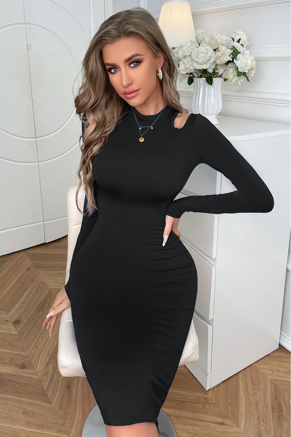 Cutout Long Sleeve Pencil Dress - Brinxx Couture