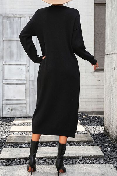 Decorative Button Notched Dropped Shoulder Sweater Dress - Brinxx Couture