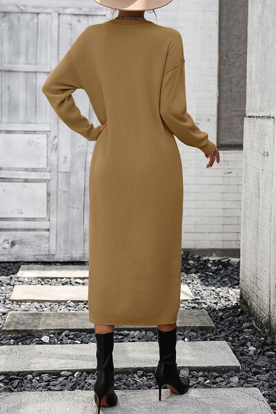 Decorative Button Notched Dropped Shoulder Sweater Dress - Brinxx Couture