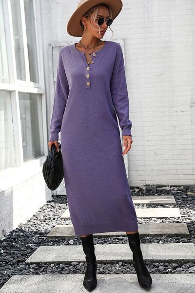 Decorative Button Notched Dropped Shoulder Sweater Dress - Brinxx Couture