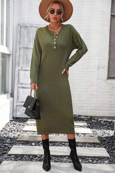 Decorative Button Notched Dropped Shoulder Sweater Dress - Brinxx Couture