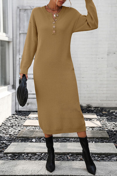 Decorative Button Notched Dropped Shoulder Sweater Dress - Brinxx Couture