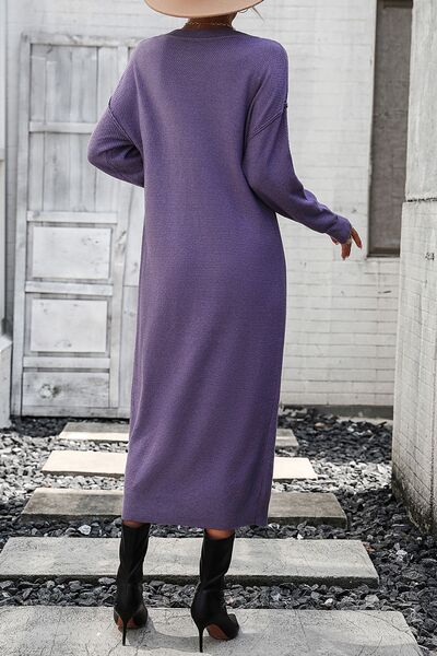 Decorative Button Notched Dropped Shoulder Sweater Dress - Brinxx Couture