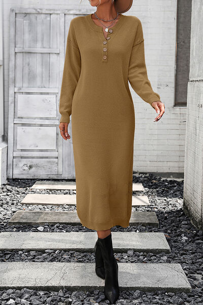 Decorative Button Notched Dropped Shoulder Sweater Dress - Brinxx Couture