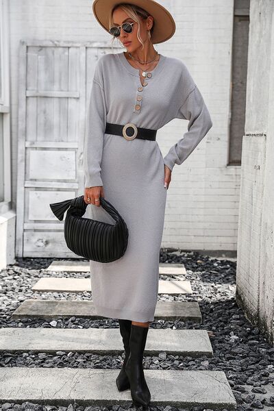 Decorative Button Notched Dropped Shoulder Sweater Dress - Brinxx Couture