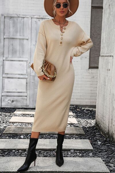 Decorative Button Notched Dropped Shoulder Sweater Dress - Brinxx Couture