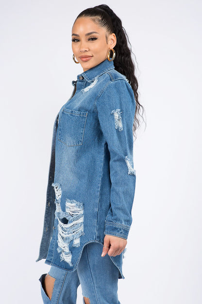 Distressed Button Down Denim Shirt Jacket - Brinxx Couture