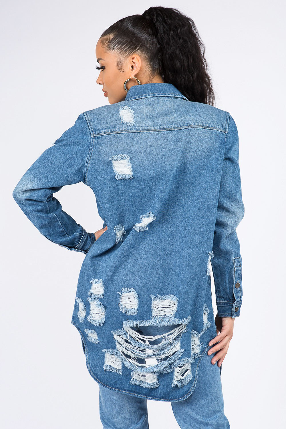 Distressed Button Down Denim Shirt Jacket - Brinxx Couture