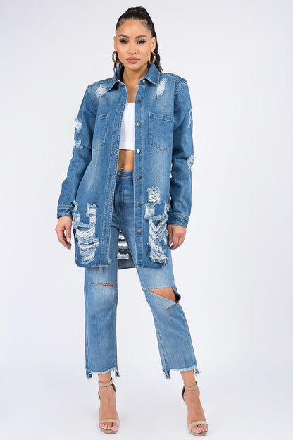 Distressed Button Down Denim Shirt Jacket - Brinxx Couture