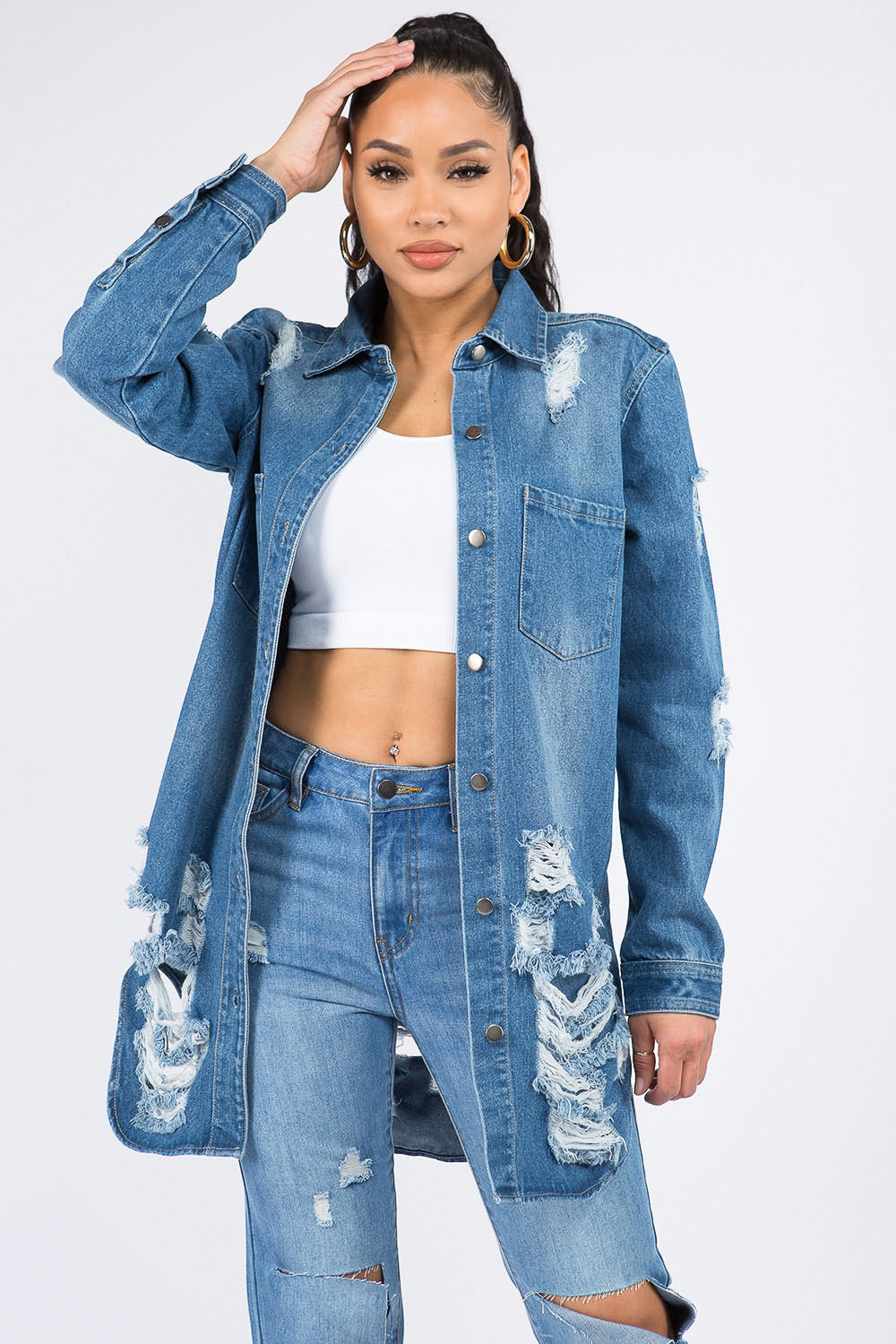 Distressed Button Down Denim Shirt Jacket - Brinxx Couture