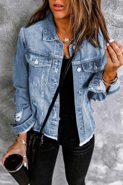 A stylish Distressed Raw Hem Denim Jacket for women. this piece adds a touch of elegance to your outfit - Brinxx Couture