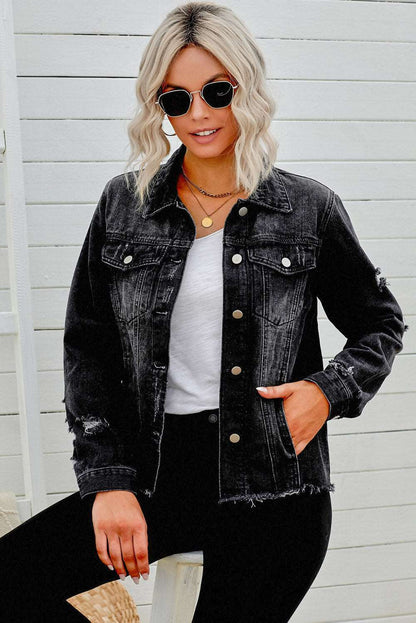 A stylish Distressed Raw Hem Denim Jacket for women. this piece adds a touch of elegance to your outfit - Brinxx Couture