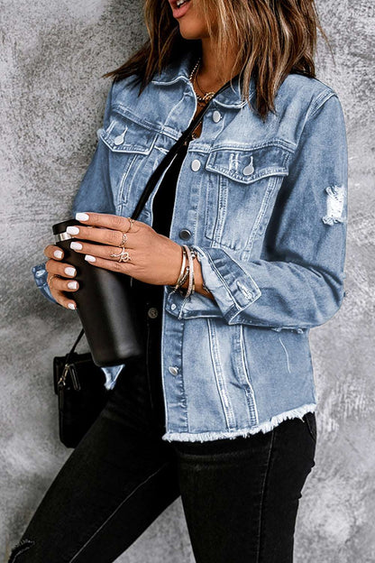 Distressed Raw Hem Denim Jacket - Brinxx Couture