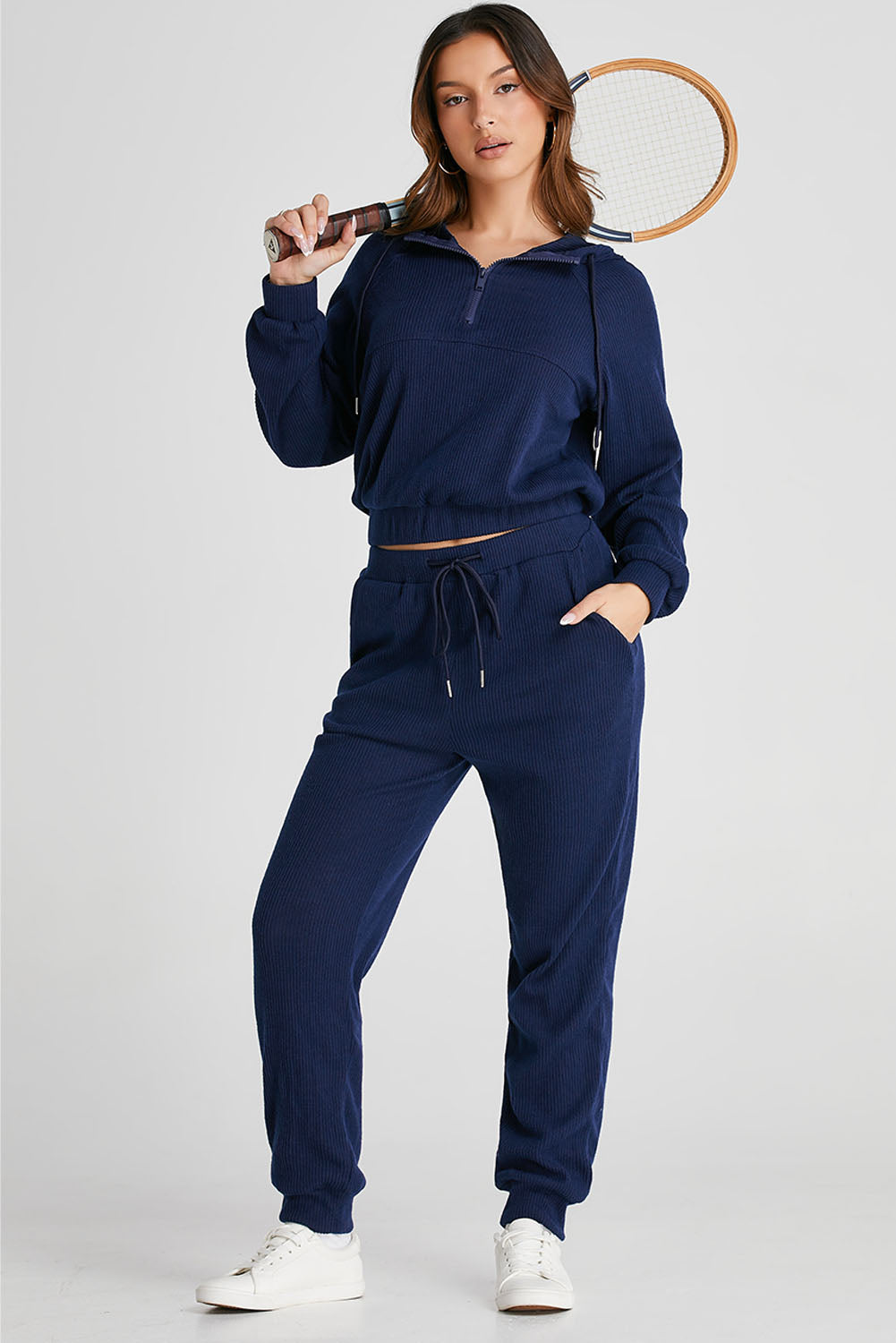 Drawstring Half Zip Hoodie and Joggers Active Set - Brinxx Couture