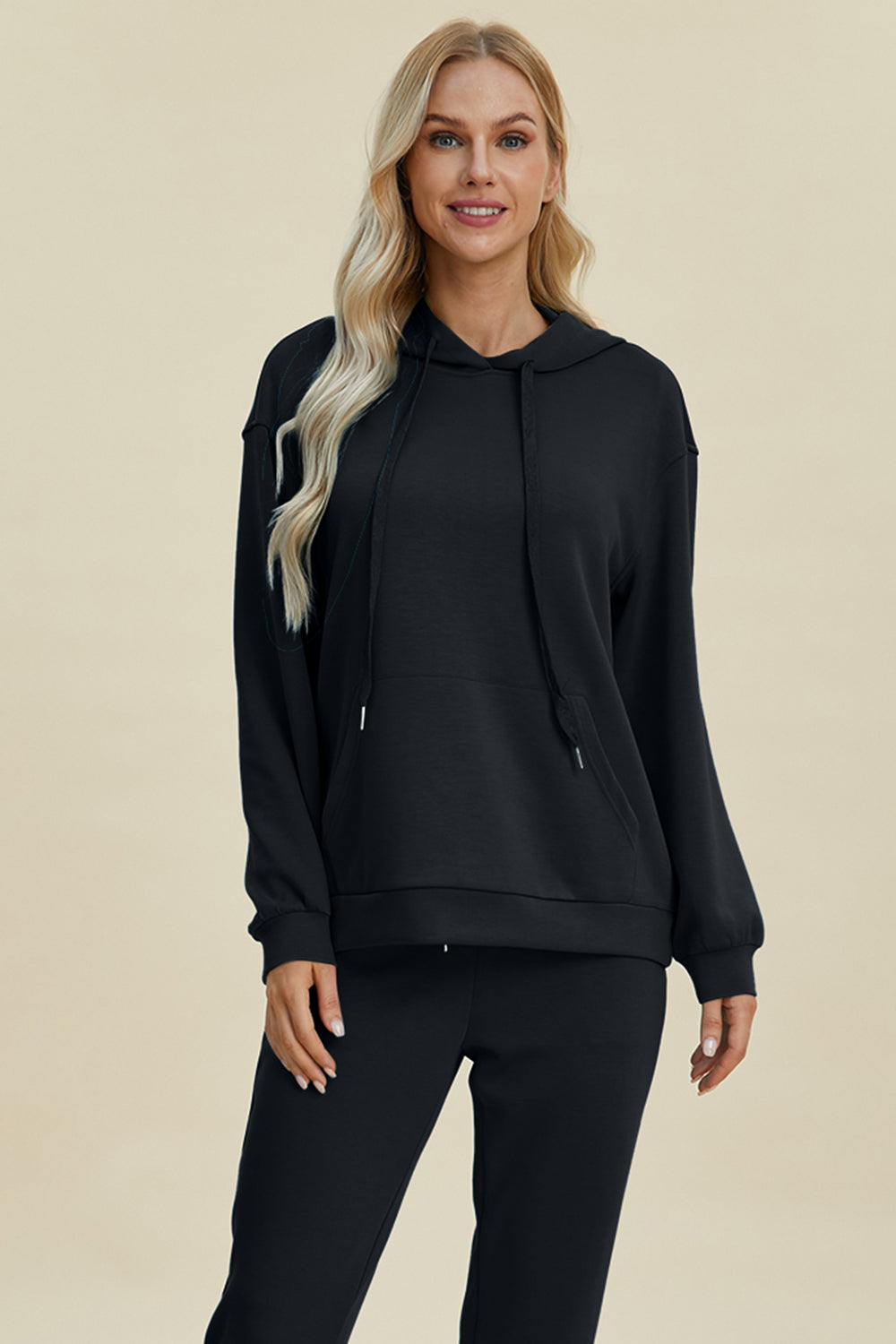 Drawstring Long Sleeve Hoodie with Kangaroo Pocket - Brinxx Couture