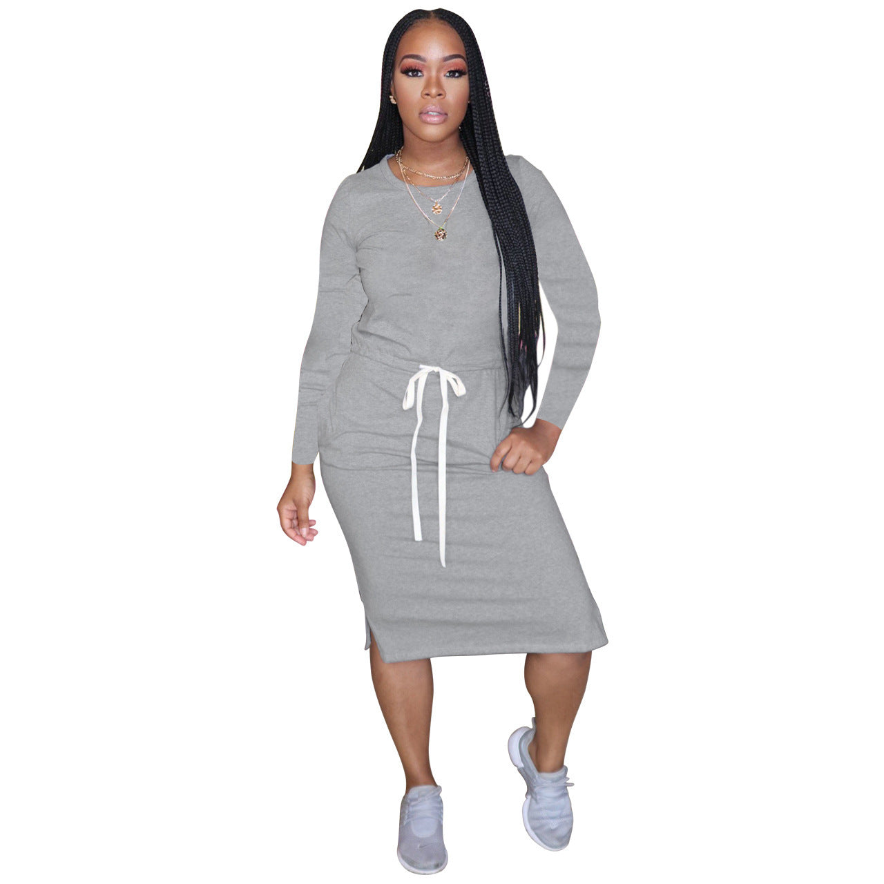 Drawstring Round Neck Long Sleeved Dress - Brinxx Couture