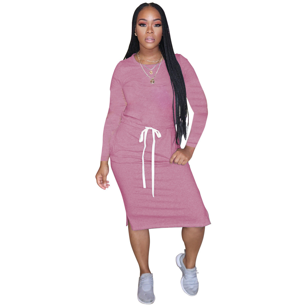 Drawstring Round Neck Long Sleeved Dress - Brinxx Couture