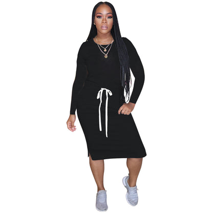 Drawstring Round Neck Long Sleeved Dress - Brinxx Couture