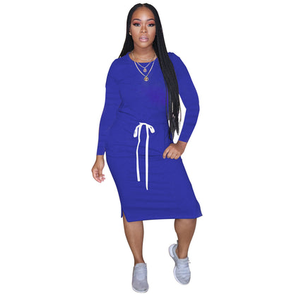 Drawstring Round Neck Long Sleeved Dress - Brinxx Couture