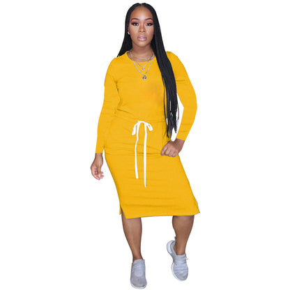 Drawstring Round Neck Long Sleeved Dress - Brinxx Couture