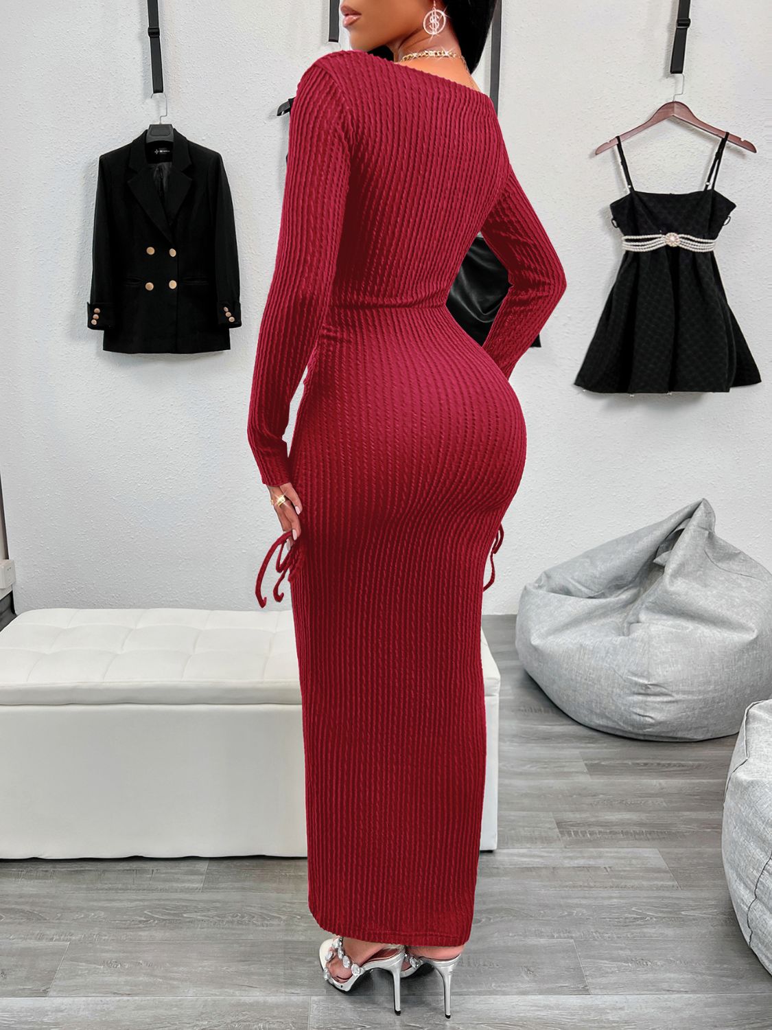 A stylish Drawstring Textured Long Sleeve Wrap Dress for women. this piece adds a touch of elegance to your outfit - Brinxx Couture