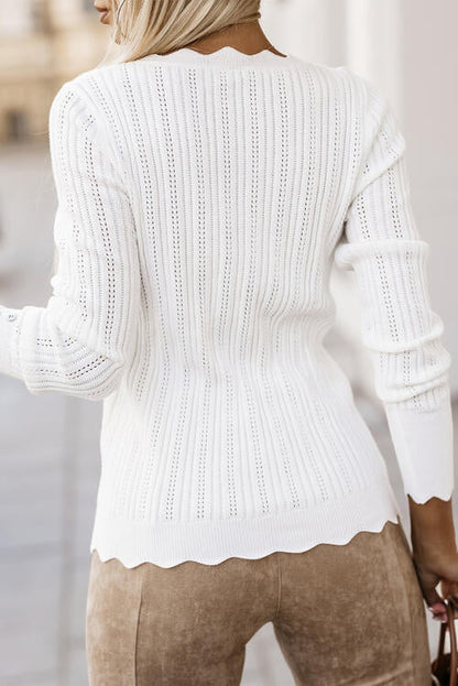 Eyelet Buttoned Long Sleeve Knit Top - Brinxx Couture