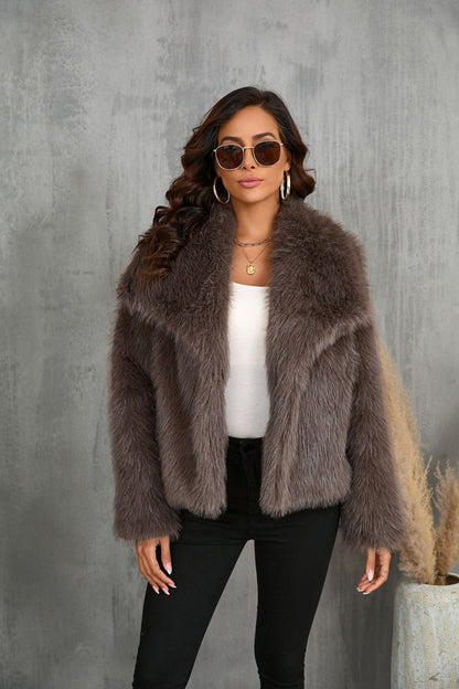 A stylish Faux Fur Large Collared Coat for women. this piece adds a touch of elegance to your outfit - Brinxx Couture