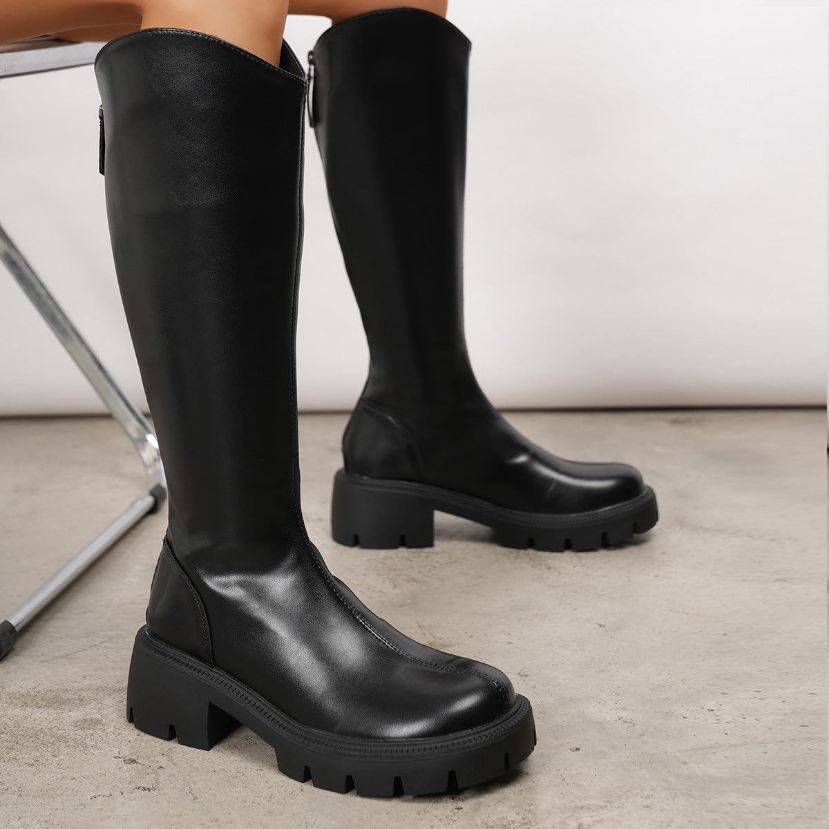 A stylish Faux Leather Chunky Heel Knee Length Boots for women. this piece adds a touch of elegance to your outfit - Brinxx Couture